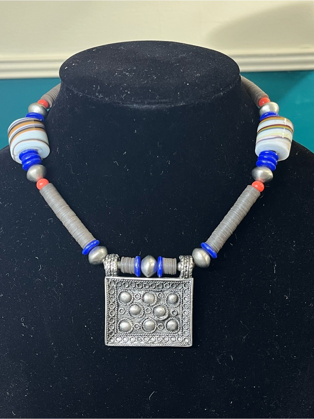 Vintage Kenneth Jay Lane KJL Tribal Art Glass Amulet Pendant Necklace 1777